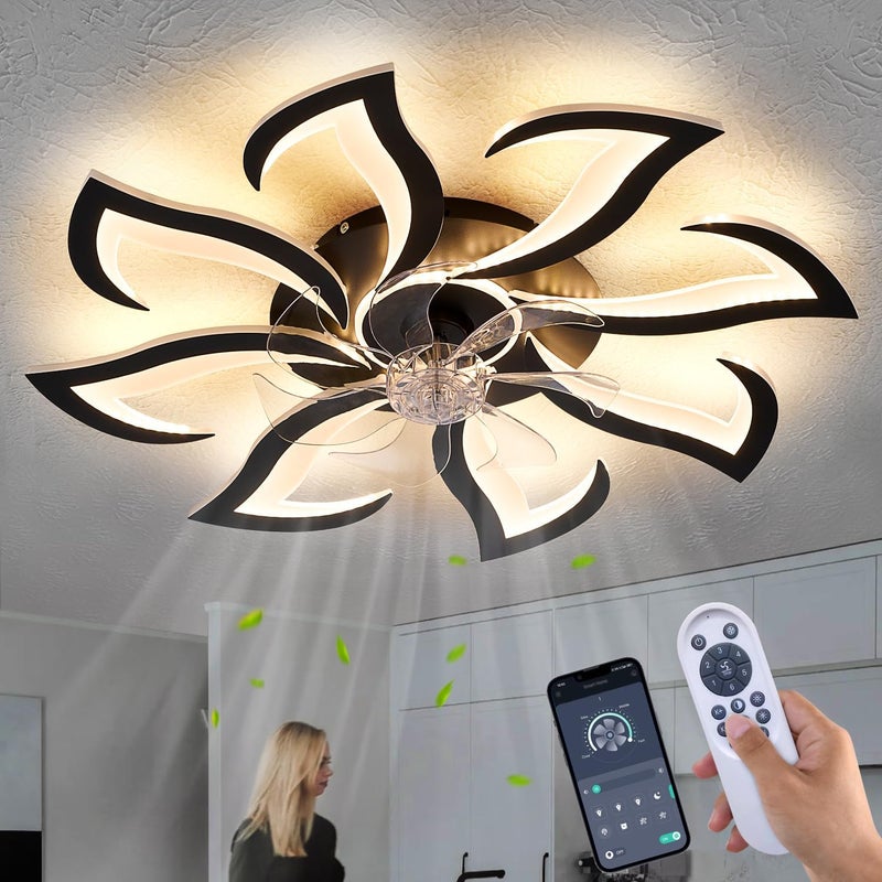 Dalouguan مروحة سقف عصرية مع أضواء تحكم عن بعد، 32" سوداء 6 سرعات 3 ألوان ضوء تصميم منخفض للتركيب السطحي لمطبخ وغرفة نوم - Image 1